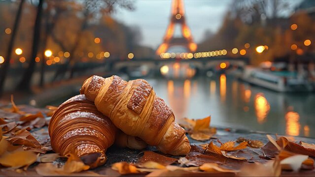 Delicious french croissants on romantic background of Eiffel tower. Created with Generative AI.	