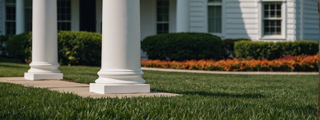 Naklejka premium Blank yard sign in green grass on the white house background, Yard sign mockup