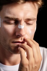 The scene of man applying a soothing eye cream to refresh tired eyes