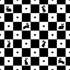 Seamless pattern with rabbit. Heart gingham check plaid pattern. Cute bunny background. Vector texture for print, textile, fabric. Black and white.