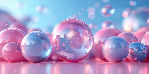 A beautiful background of blue and pink spheres with red bubbles in the center. The entire scene is filled with light. Created with AI