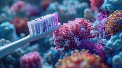 Close-up image of toothbrush near colorful bacteria colonies, symbolizing dental hygiene concerns. Highlights the vibrant structures and health risks posed by microorganisms