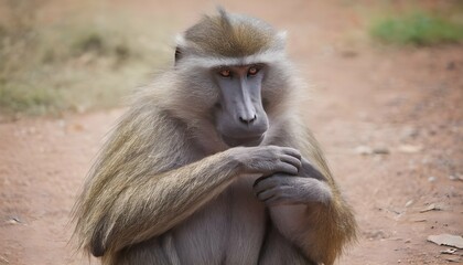a-baboon-using-its-hands-to-groom-its-fur-keeping- 3 - obrazy, fototapety, plakaty