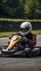 Karting Championship. The drivers of the carts wear helmets, racing clothes and participate in the cart race. Karting show.