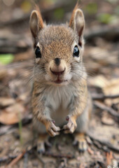 Naklejka na ściany i meble Cute squirrel, looking into camera. Close-up. Wildlife, cute.