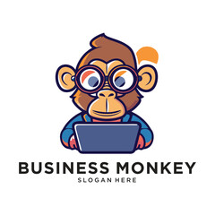monkey business work with laptop logo design vector illustration