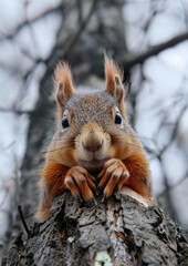 Cute squirrel on tree, looking down at camera.