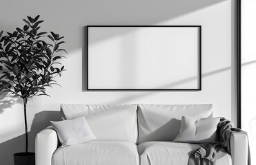 horizontal rectangle with a white background and black frame mockup, hanging on the wall