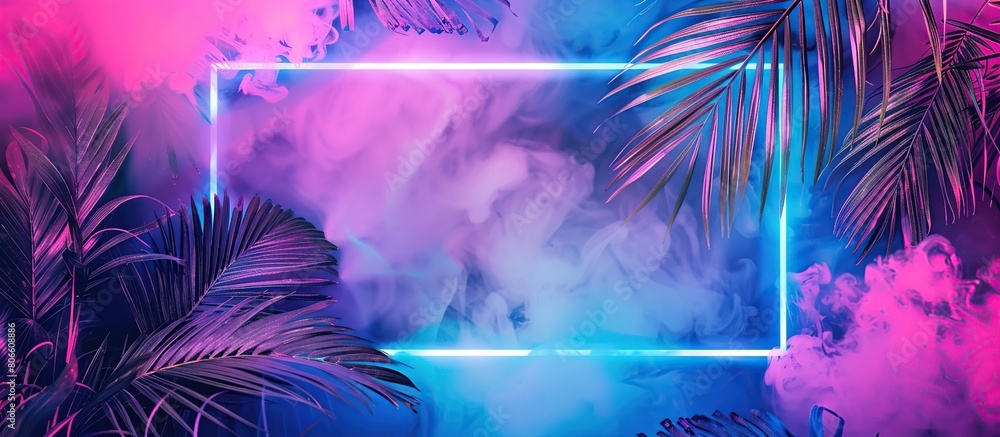 Aufkleber abstract neon background with tropical palm leaves and square frame, smoke clouds background.