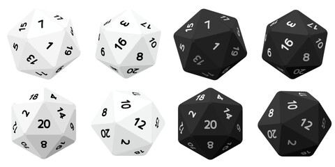 20面体サイコロのイラスト素材　白と黒