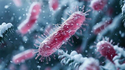 A close up of a red bacteria with snowflakes falling around it