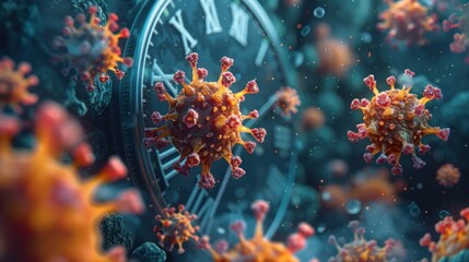 Macro image of bacteria on a clock, showing detailed microbes with spiked structures in orange and red, against a blue backdrop, emphasizing the passage of time and microbial growth