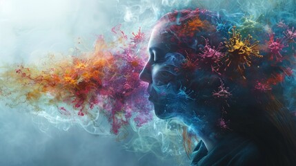 A colorful, abstract painting of a woman's face with smoke and colorful swirls