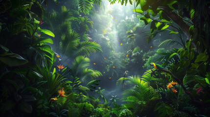 A lush green jungle with a bright sun shining through the trees. The leaves are green and the flowers are orange