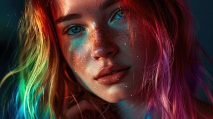 Young woman with multicolored hair and freckles under neon light