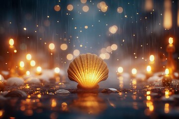 A glowing seashell amidst a rainy scene with golden lights and water droplets