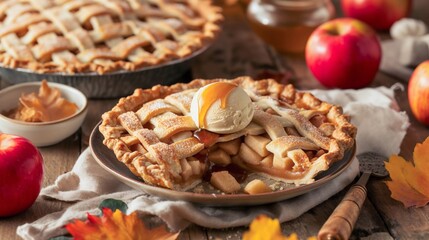 Delectable apple pie topped with ice cream and caramel on a festive autumn table setting