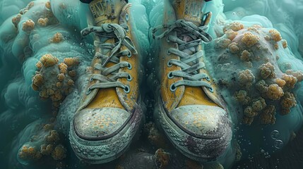 A pair of yellow Converse sneakers are submerged in a blue and green liquid - Powered by Adobe