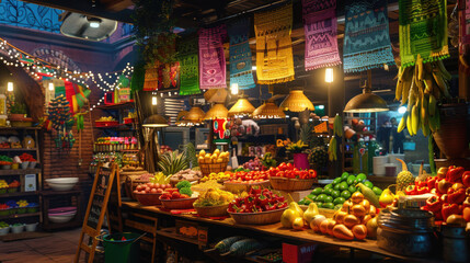 Obraz premium Colorful Mexican Street Food Market At Night. Festive Cinco de Mayo Decorations. Assortment Of Traditional Food