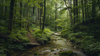 Obraz premium A painting of a forest with a stream running through it. The mood of the painting is peaceful and serene