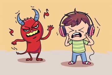 Cartoon cute doodles of a person holding hands with their inner demon, trying to reassure it that everything, Generative AI