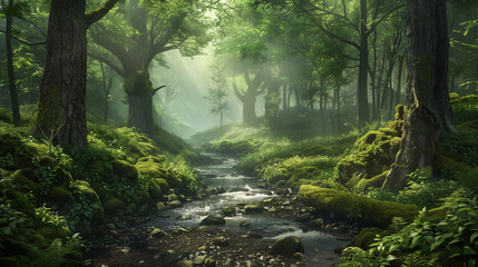 Fototapeta premium A painting of a forest with a stream running through it. The mood of the painting is peaceful and serene