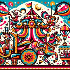 pattern with flowers, pattern, a vibrant and playful depiction of a carnival or circus scene.