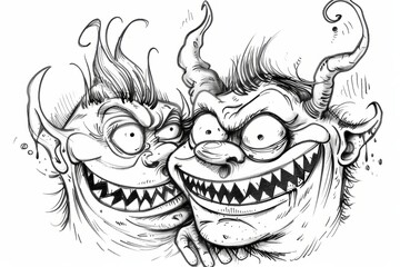 Cartoon cute doodles of a tiny inner demon whispering mischief into the ear of its host, with a mischievous grin, Generative AI