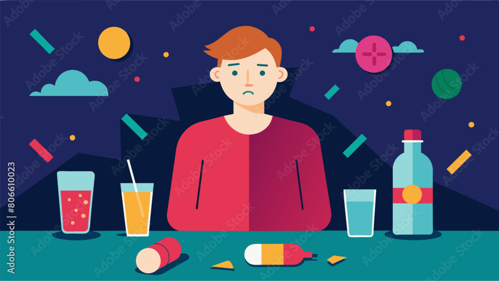 Poster a person at a party surrounded by drugs but firmly saying no and avoiding temptation.. vector illust