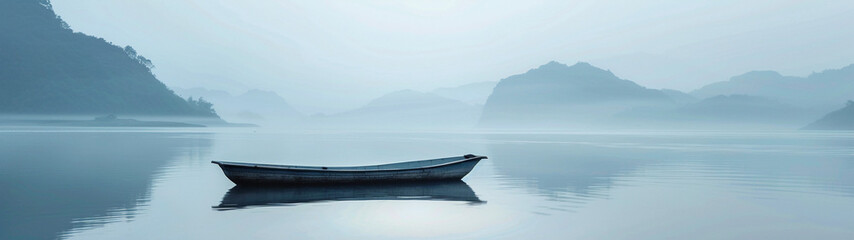Lone Boat in Misty Waters