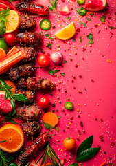 Hot and spicy meat dishes, vibrant with chilies and spices, transitioning into a hot pink gradient for energetic