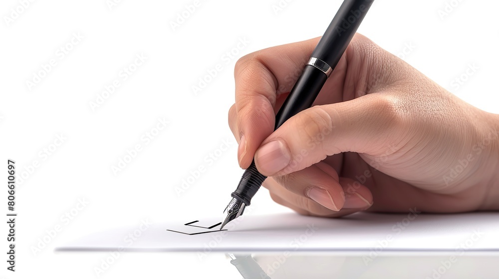Poster close up a hand mand with pen writing on paper with check mark icon isolated white background. copy 