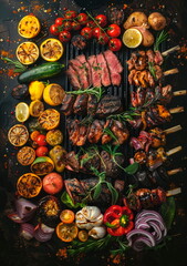 BBQ essentials with grilled meats and vibrant vegetables, blending into an earth-toned gradient for hearty