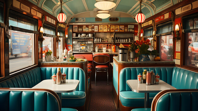 Vintage train car diner with booth seating, period-appropriate decor, and a classic menu board,