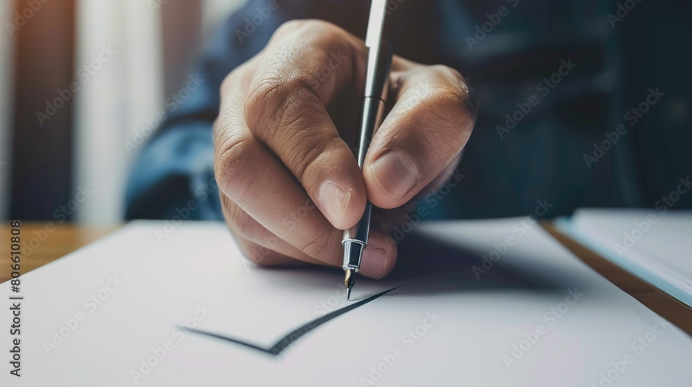 Poster close up a hand mand with pen writing on paper with check mark icon isolated white background. copy 
