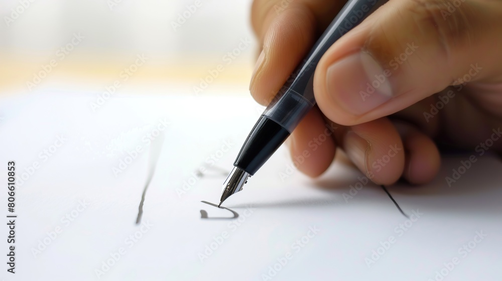 Poster close up a hand mand with pen writing on paper with check mark icon isolated white background. copy 