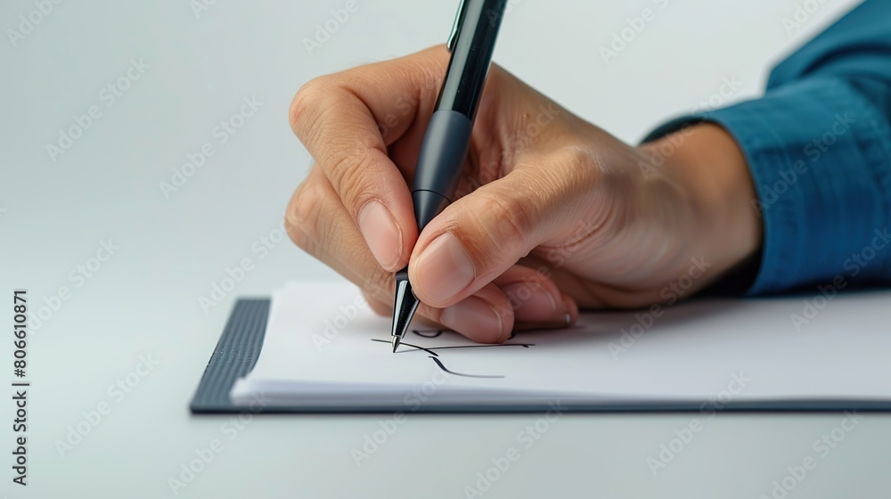 Poster close up a hand mand with pen writing on paper with check mark icon isolated white background. copy 