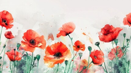 Vibrant watercolor red poppies on a white backdrop with green foliage
