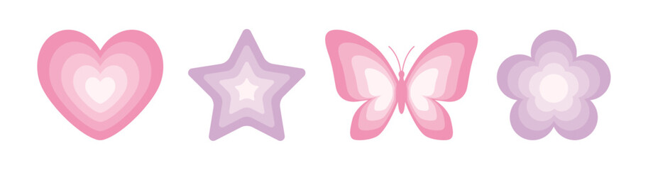Y2k stickers set. Butterfly, daisy, heart, star. Set of vector elements in trendy retro style.