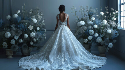 Classic ball gown silhouette with modern lace accents.