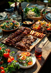 Delicious summer BBQ spread, grilled meats, fresh salads, outdoor table setting, mouthwatering food