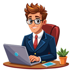 Office man working in formal dress on a laptop  on white background