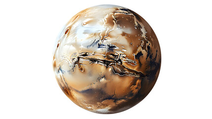 A realistic planet Mars showing valleys and mountains isolated on a white transparent background