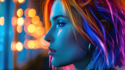 Young woman with multicolored hair under blue and yellow neon lights