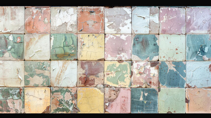 Aged Mosaic Wall Texture With Peeling Paint In Rustic pastel Neutral Tones. Abstract background of old pieces 