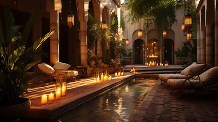 Warm Moroccan riad courtyard with a tiled fountain, lanterns, and plush floor cushions,