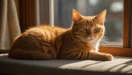 Capture an orange cat basking in a warm sunbeam, highlighting its love of comfort