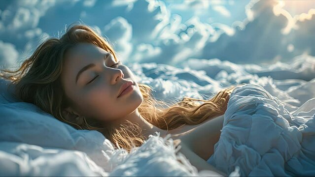 young women sleep surrounded by fluffy clouds in the sky. Created with Generative AI.	