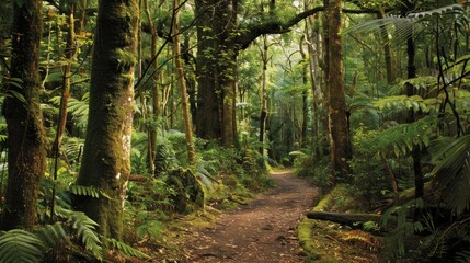 Obraz premium a secluded path winding through towering trees, inviting exploration and connection with nature's wonders, mystique of a hidden forest sanctuary