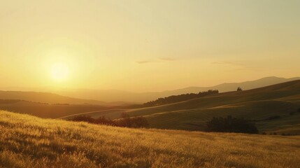 Naklejka na ściany i meble a sunset over the tranquil countryside, reveals rolling hills bathed in warm hues, offering a serene retreat for those seeking solace in nature's embrace